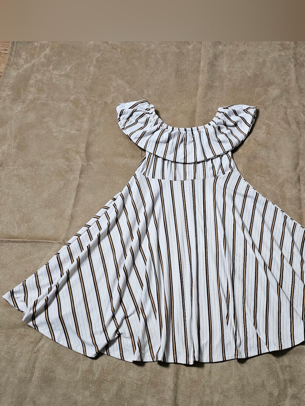 Ardene Comfortable White & Brown Striped Ruffled Halter Dress Top S